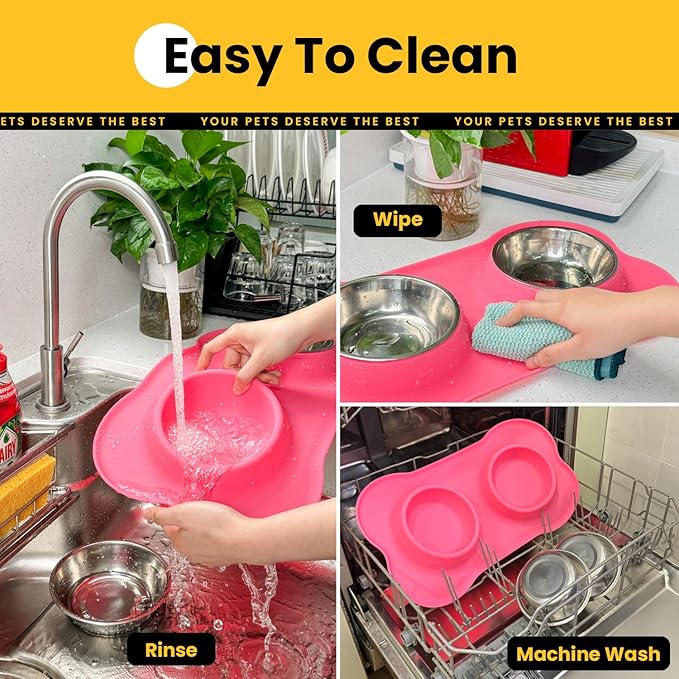Conlun Stainless Steel Dog Bowls with Non-Slip Silicone Mat, Spill Proof Food & Water Bowls Set, Easy Clean Puppy Food Dish, Dishwasher Safe, Suitable for Dogs Cats Pet Under 20lbs, Small, Pink