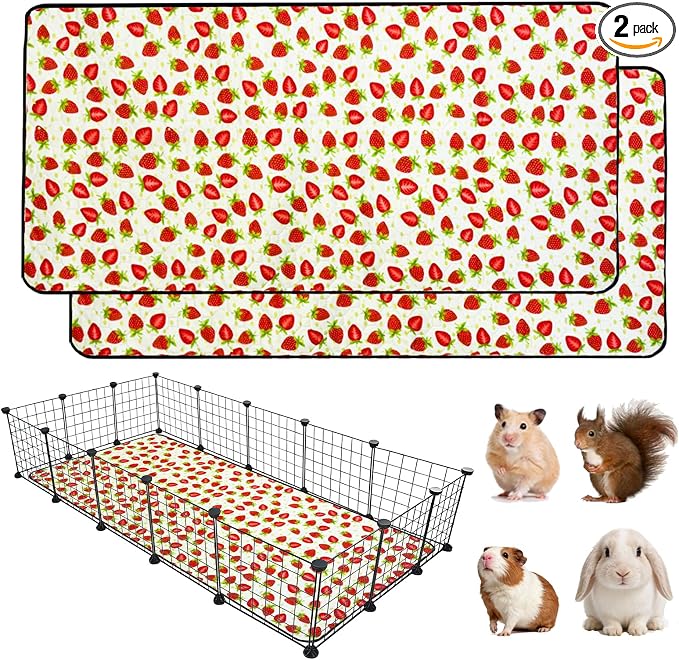 2 Pack Guinea Pig Cage Liners, 36"x 60" Washable Waterproof Bedding for Rabbit, Bunny, Hamster & Small Animals, Reusable Super Absorbent Pee Pads for C&C Cage, Strawberry Print