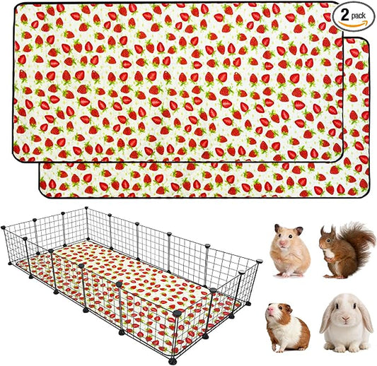 2 Pack Guinea Pig Cage Liners, 36"x 60" Washable Waterproof Bedding for Rabbit, Bunny, Hamster & Small Animals, Reusable Super Absorbent Pee Pads for C&C Cage, Strawberry Print