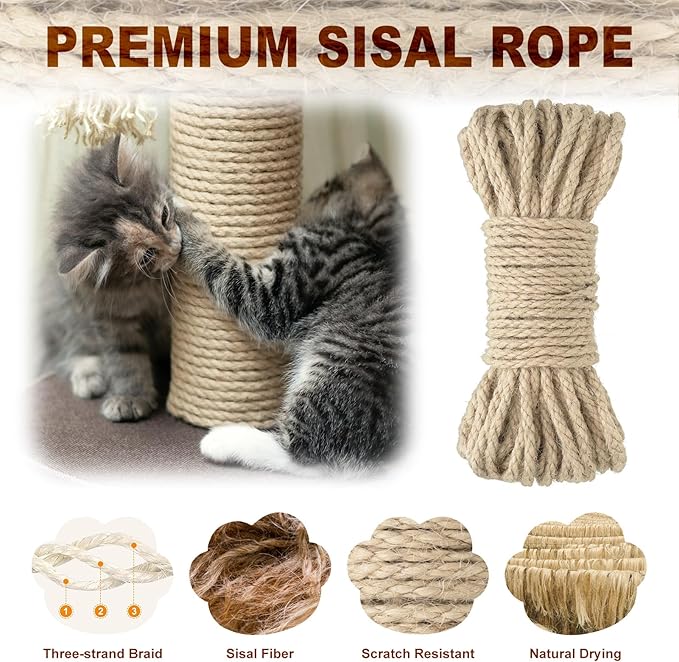 Cat Window Perch, Cat Hammock Window Seat w/Free Fleece Blanket White & 164 FT 4MM Sisal Rope Kits with Hot Glue Gun and Glue Sticks Replacement for Cat Scratching Post Toys Indoor