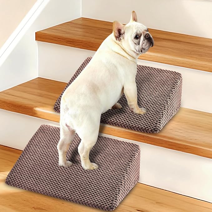 Dog Ramp for Stairs for Small & Senior Dogs and Cats – Non-Slip Stair Wedges for Dogs with Gentle Slope, Pet Ramp with Washable Cover & Self-Sticky Pads for Safe Climbing (Brown, 2 Pack)