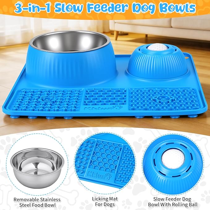 Dog Lick Bowl with Rolling Ball for Liquid and Thick Treat—3 in 1 Slow Feeder Dog Bowls+Lick Mat+50oz Stainless Steel Food Bowl,Anti-Slip 5/6 Cup Licking Toy for Medium Large Dogs and Cats Blue