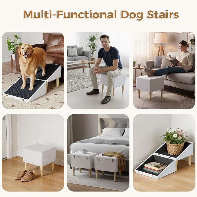3-in-1 Dog Ramp Pet Stairs 18.9"x17.72"x19.29" with Hidden Storage Ottoman, Anti-Slip Steps for Small, Medium, Large, Senior & Injured Pets, 220LBS for Bed & Sofa, Beige