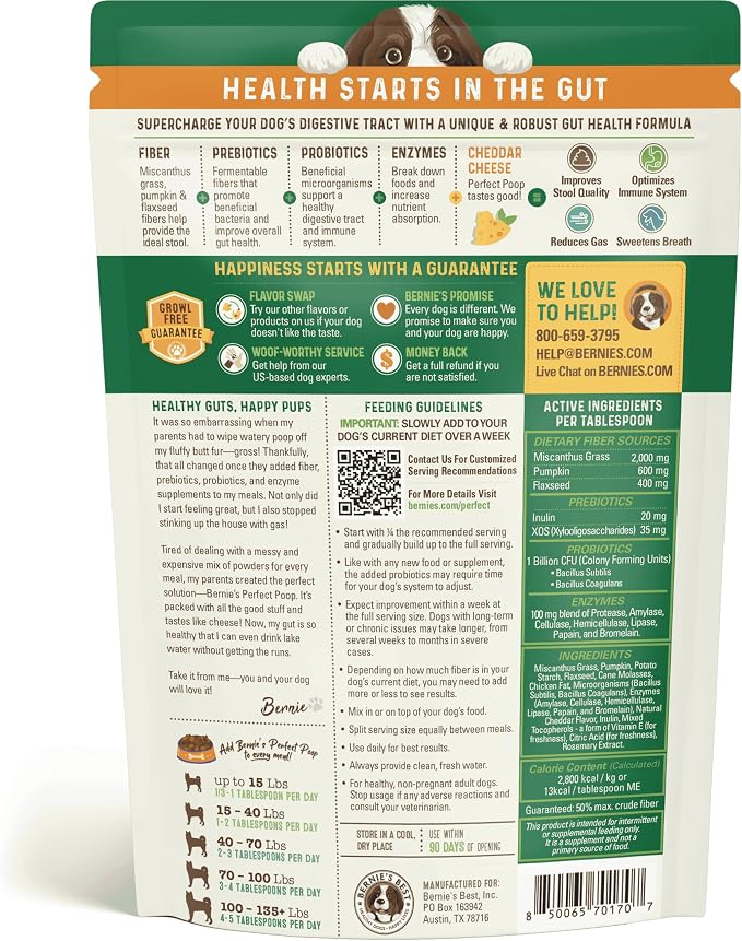 Perfect Poop Digestion & General Health Supplement for Dogs: Fiber, Prebiotics, Probiotics & Enzymes Relieve Digestive Conditions, Optimize Stool, and Improve Health (Cheddar Cheese, 4.2 oz)