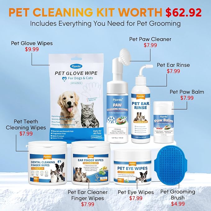 Pjordo Dog Wipes Cleaning Deodorizing, Grooming Wipes & Paw Cleaner, Pet Cleaning Kit for Teeth, Ears, Eyes, Paw, Body, Ear Rinse, Essential Dog Supplies Set