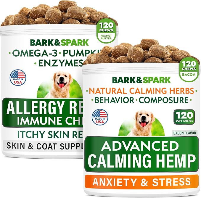 Allergy Relief + Advanced Calming Bundle - Anti-Itch Skin&Coat + Anxiety Relief - Omega 3 Fish Oil + Hemp Oil + Melatonin - Itching &Paw Licking + Separation Aid - 240 Chews - Made in USA