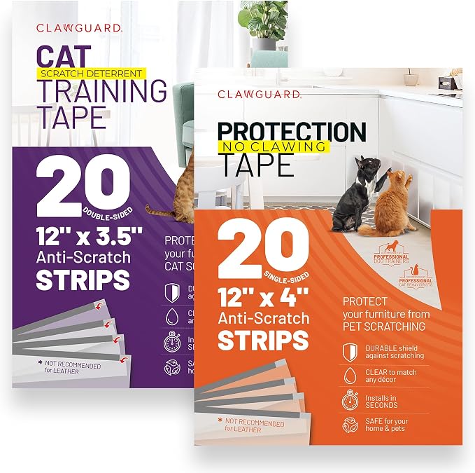 CLAWGUARD Bundle Pack – Cat Deterrent Tape & Dog Protection Tape – 40 Total Pre-Cut Strips (20 Double & 20 Single Sided) – Anti Scratch Furniture Shields