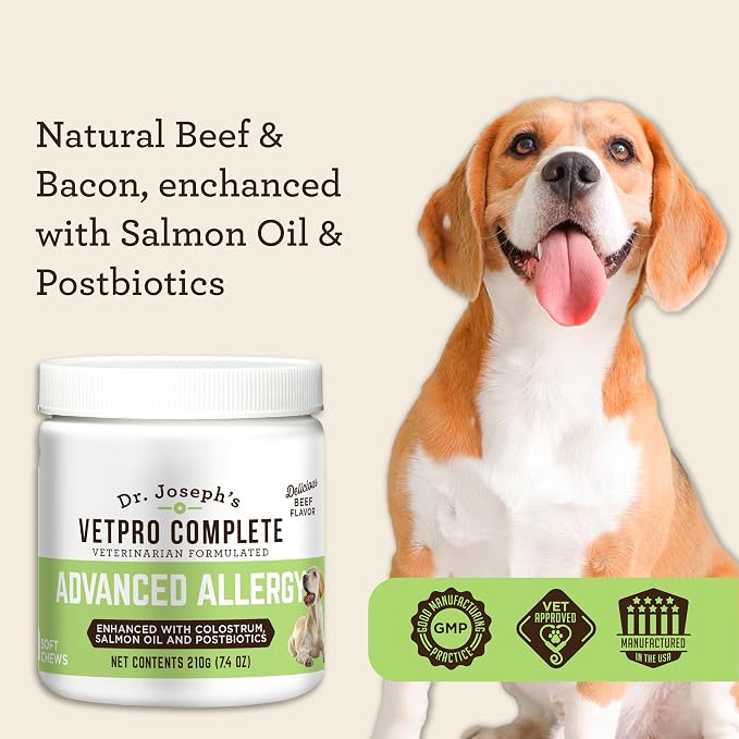VetPro Advanced Allergy and Itch Support for Dogs - Supports Seasonal Allergies, Itchy Skin, & Immunity - Enhanced with Salmon Oil, Probiotics & Colostrum for Allergies, Immune Support, & Gut Health