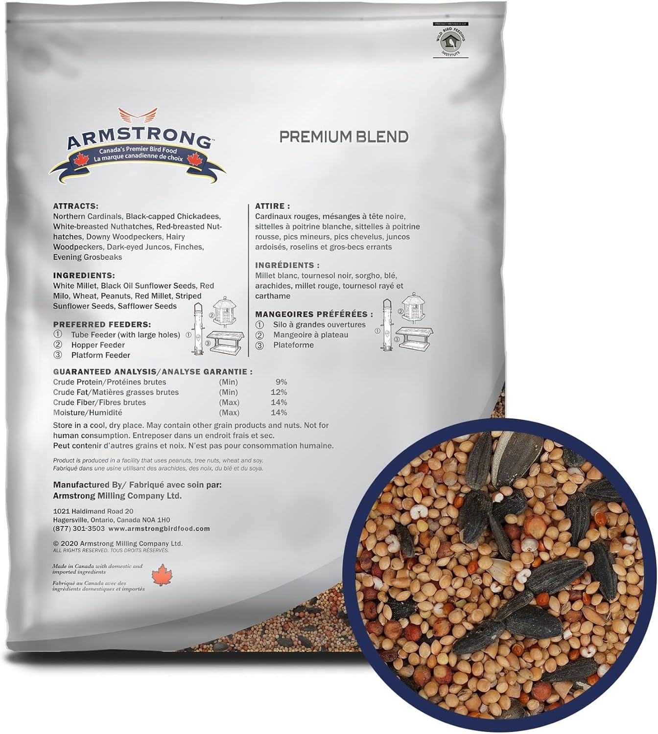Armstrong Wild Bird Food Premium Blend, 14.3 Pounds - with White Millet, Black Oil Sunflower, Wheat, Peanuts, Striped Sunflower and Safflower for Northern Cardinals and Black-Capped Chickadees