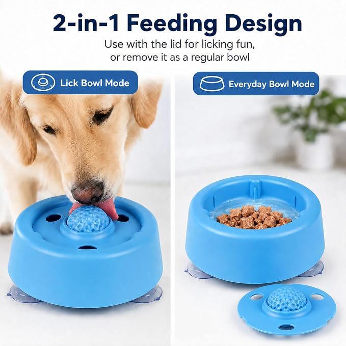 Dog Lick Bowl for Liquid Treats, Dog Lick Ball with Fixed Rolling Ball, 220ml PP Slow Feeder with 3 Suction Cups for Bone Broth Yogurt Supplements, Blue