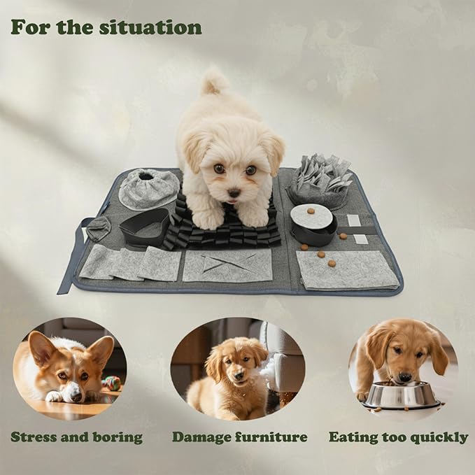S Snuffle Mat for Dogs Gray - Interactive Dog Puzzle Toy Enrichment Feeding Mat for Mental Stimulation, Slow Feeder Nosework Game, Washable Non-Slip Sniff Mat for Small Dogs