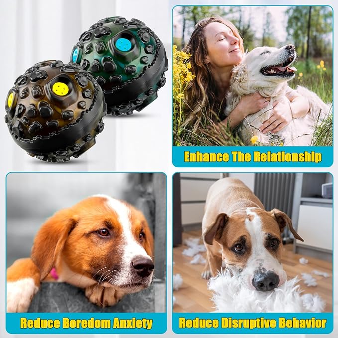 Honoson 4 Pcs Dog Ball for Aggressive Chewers, Indestructible Interactive Dog Toy with Squeaky Giggle, Elastic Rubber Wobble Chew Toy for Small Medium Large Dogs, Teeth Cleaning (Blue,Yellow)