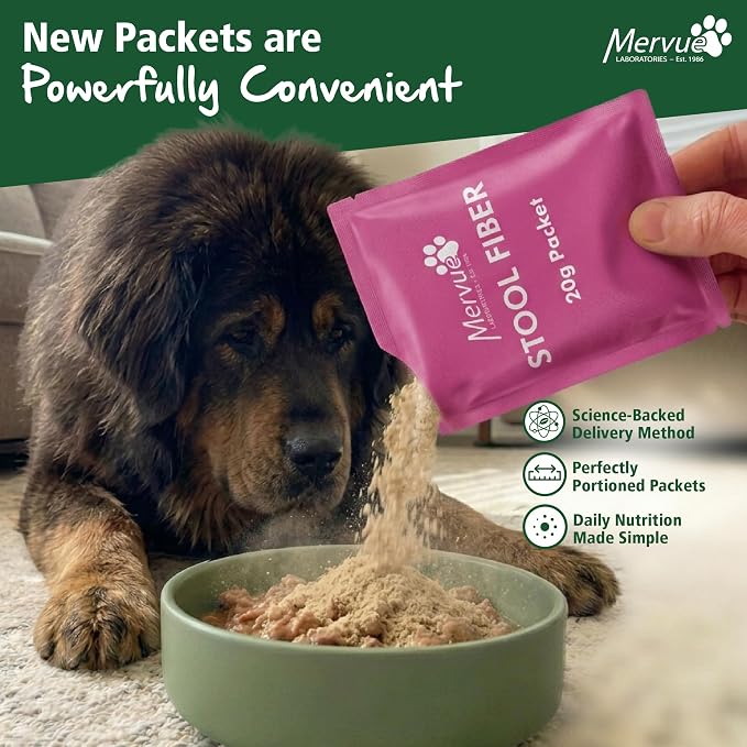 Mervue Stool Fiber for Dogs – Psyllium Husk Powder for Dogs that Boost Firm Stools – Large Dog Digestive Support with Live Probiotics and B-Vitamins for Sensitive Stomach Ease – 21-Pack, 20g Each