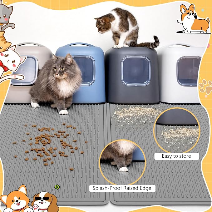 2 Pcs 34" x 22" Large Silicone Dog Food Mats Waterproof Dogs & Cat Bowl Mat with Raised Edge, Washable Nonslip Pet Feeding Mat for Multi-pet Homes Floor Protector, Washable, Grey