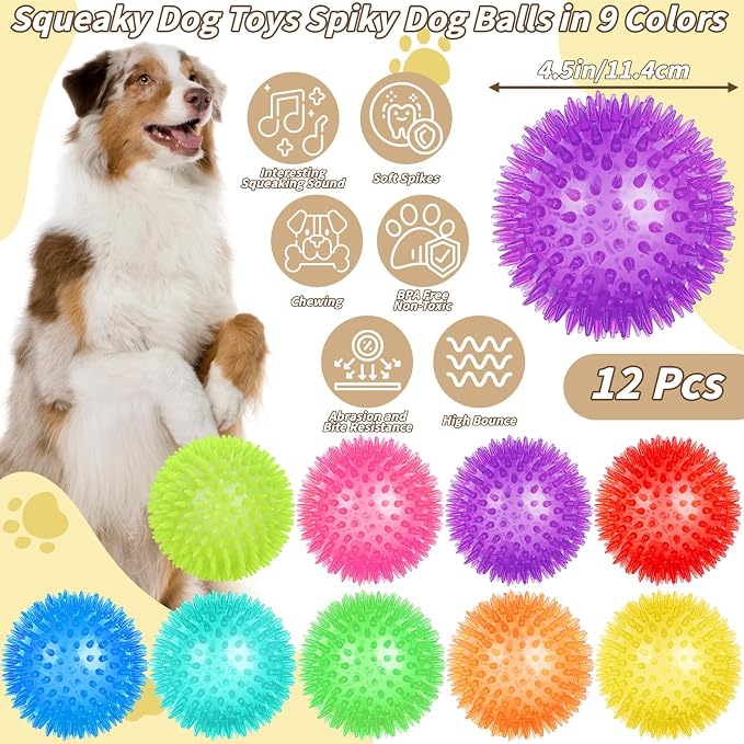 12 Pcs 4.5 in Squeaky Dog Toy Balls Spiky Dog Balls Chew Toy for Teething Durable High Bounce TPR Fetch Toy 9 Colors Water Toy for Large Medium Dogs Aggressive Chewers Clean Teeth and Training