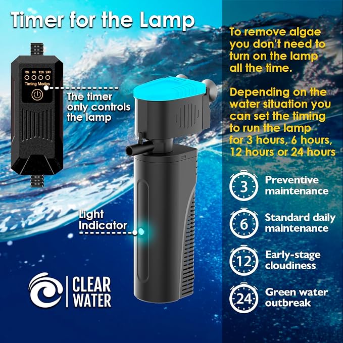 Aquarium Filter | U-V Fish Tank Filter for Green Water Cleaning | U-V Clarifier with Timer | Aeration & Rainfall Mode | Turtle Tank Filter | Submersible Pump with Filter | for 60-150 Gallons