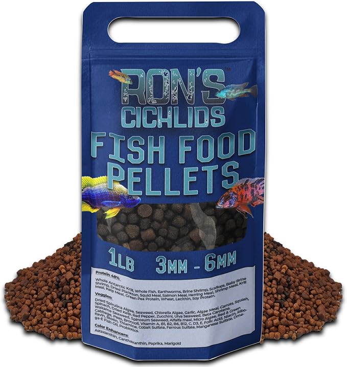 RON'S CICHLIDS African Cichlid Fish Food, Premium Tropical Fish Food Pellets with Protein, Veggies & Fruits for Healthier, Brighter & Bigger Tropical Fish & Cleaner Tanks, Big Boy Blend, 1 LB