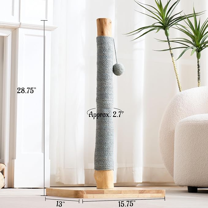 29" Tall Solid Wood Cat Scratching Post for Indoor Cats, Extra Stable Heavy Base, Natural Sisal Scratcher with Hanging Ball, Furniture Protector for Kittens & Adult Cats, Grey
