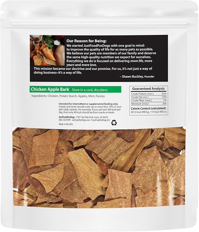 JustFoodForDogs Limited Ingredient Healthy Dog Treats and Dog Snacks, Jerky Treats, Human Grade, Preservative Free, Rawhide Free Chews, Low Calorie Treat - Chicken Apple Bark, 5 oz