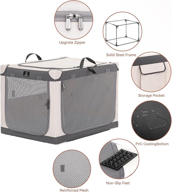 36" Collapsible Dog Crate for Large Dogs - Portable Soft Travel Kennel with Lockable Zippers, Waterproof Base, Washable Cover, Patented Screw Frame for Adjustable Tension, Outdoor, Indoor, Car Use