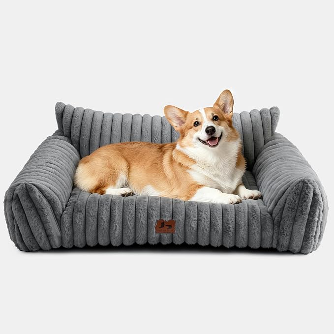 Cute Dog Couch Bed with Removable Washable Cover for Small Dogs | Light Gray, 36", Cozy, Soft, Faux Rabbit Fur, Fuzzy, Indoor, Supportive, Machine Washable, Fully Disassembled