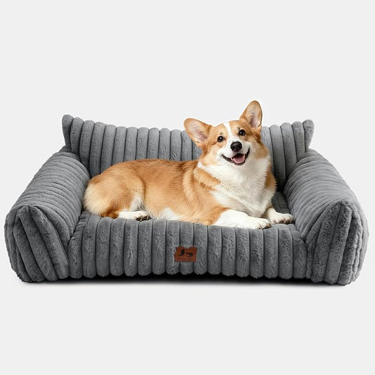 Cute Dog Couch Bed with Removable Washable Cover for Small Dogs | Light Gray, 36", Cozy, Soft, Faux Rabbit Fur, Fuzzy, Indoor, Supportive, Machine Washable, Fully Disassembled