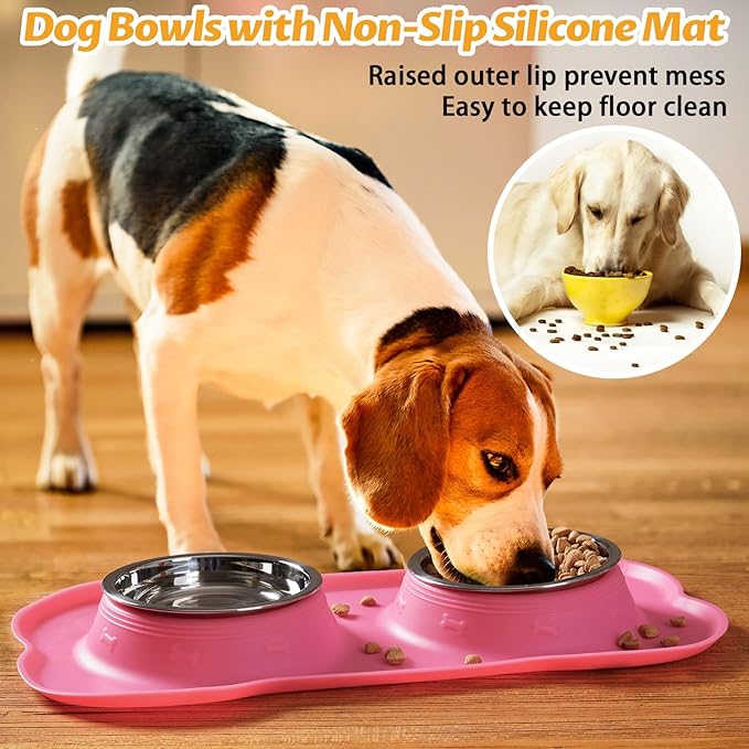 Hubulk Pet Dog Bowls 2 Stainless Steel Dog Bowl with No Spill Non-Skid Silicone Mat + Pet Food Scoop Water and Food Feeder Bowls for Feeding Small Medium Large Dogs Cats Puppies (Extra Large, Pink)