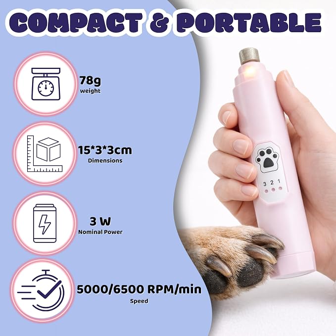 Silent Groom Pro Pet Nail Grinder Quiet with Light - Professional Pet Nail Trimmer for Large Dogs Cats - Rechargeable Electric Grinder with Paw Balm (Rose)
