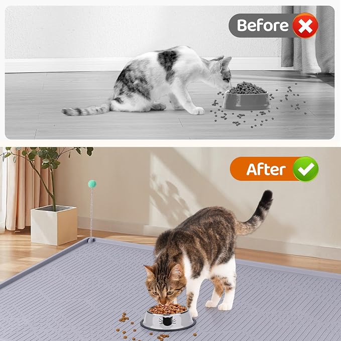 Cat Food Mat with Toy Ball, 34'' x 22'' Extra Large Silicone Pet Feeding Mat with Raised Edge Pet Placemat for Food and Water Bowl Non-Slip, Easy to Clean, Floor Protection (Grey)