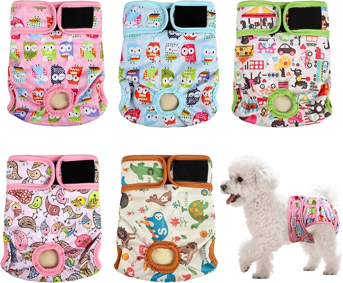 Dog Diapers Female 5pcs,Reusable Dog Doggie Puppy Doggy Diapers Female, Period Panties in Heat, Owl, Medium