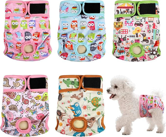 Dog Diapers Female 5pcs,Reusable Dog Doggie Puppy Doggy Diapers Female, Period Panties in Heat, Owl, Large
