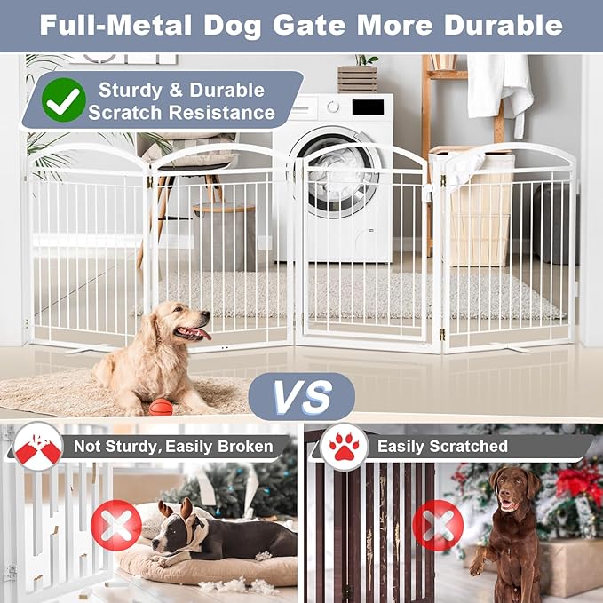 Full Metal Free Standing Dog Gate with Door for Outdoor Indoor,96'' Extra Wide 32'' Tall Dog Gates for Doorways,Large Openings,Decks,Porch,Freestanding Portable Pet Fence(4 Panels,White)
