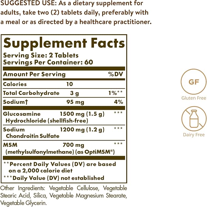 Solgar Triple Strength Glucosamine Chondroitin MSM, 120 Tablets - Promotes Healthy Joints, Supports Comfortable Movement - Shellfish Free - Gluten Free, Dairy Free - 60 Servings