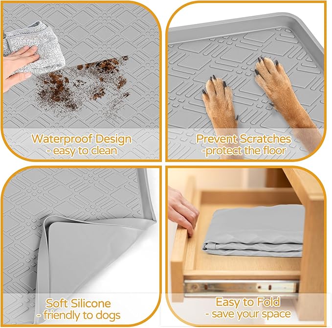 Dog Food Mat, 42" x29" Large Silicone Mat Dog Feeding Mat with Raised Edge Non-Slip Pet Feeding Mat for Food and Water Bowl, Easy to Clean, Floor Protection (Light Gray)