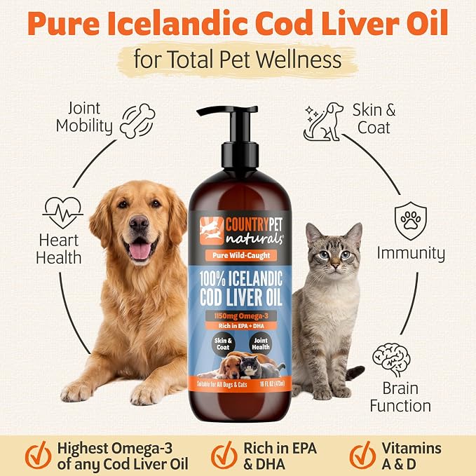 Wild-Caught Pure Icelandic Cod Liver Oil for Dogs & Cats,1150 mg Omega-3 per TSP, High EPA & DHA, Natural Vitamins A & D, Supports Healthy Skin & Coat & Mobility, Single-Ingredient, 100% Pure