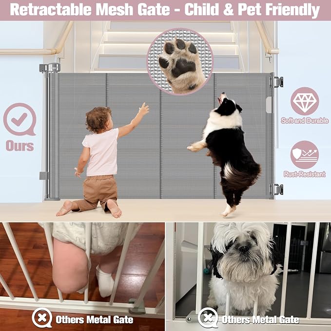 56" Wide Retractable Baby Gates for Stairs with Reinforced Strip, Baby Gate Retractable Pet Gate for Stairs to Prevent Crawling Through, Retractable Gates for Kids or Pets, Mesh Dog Gate Indoor, Gray