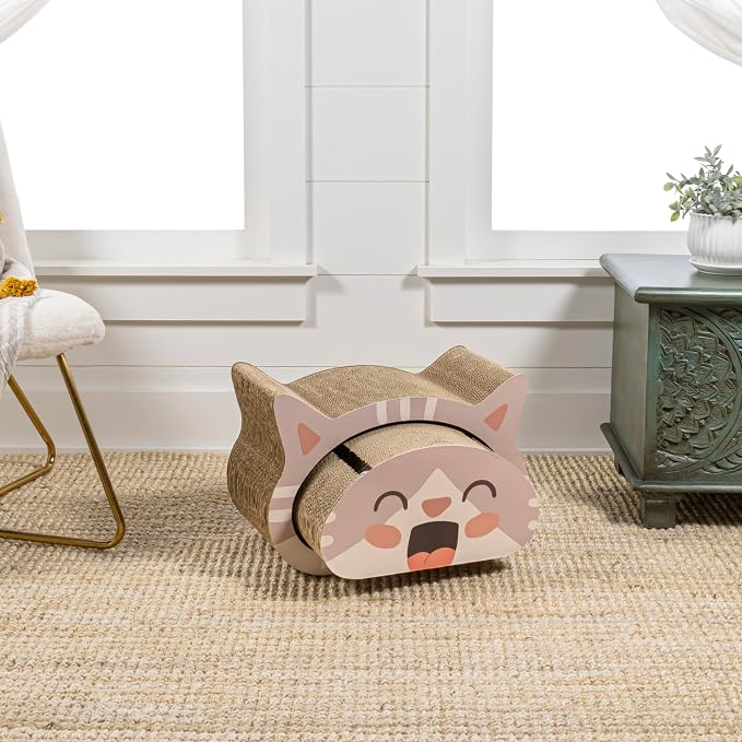 CSR1000A Opal 19" Modern Cardboard Happy Cat Head 2-in-1 Cat Cave Scratcher with Built-in Bell Toys and Catnip, Muted Pink/Cream