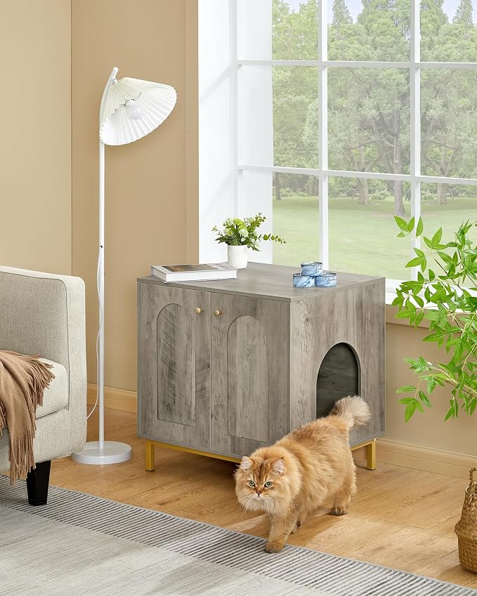 Hzuaneri Cat Litter Box Enclosure, Hidden Litter Box Furniture Cabinet, Wooden Indoor Cat House, Side End Table, Living Room, Bedroom, Greige and Gold CB81205G