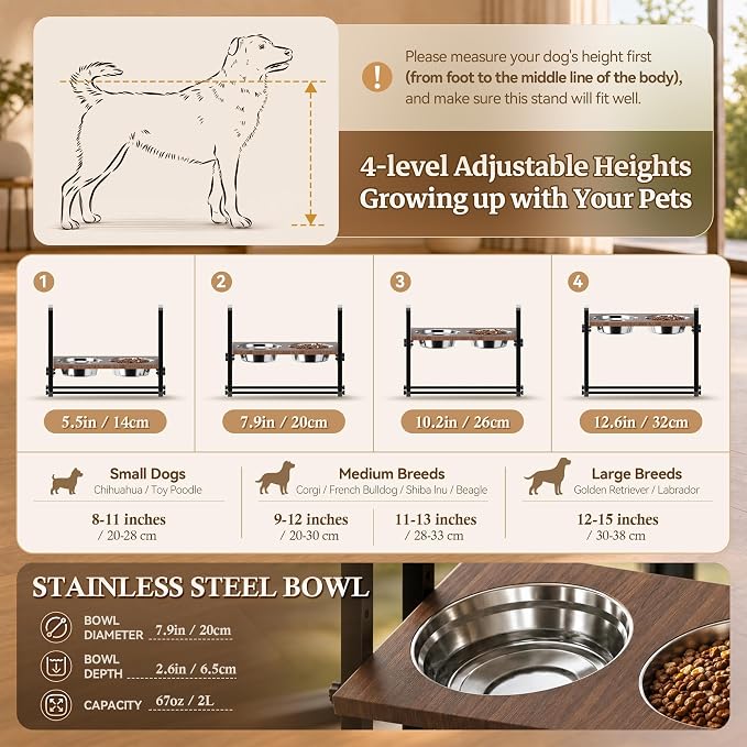 CZPET Elevated Dog Bowls Tilted Platform (0°, 7.5°, 15°), Height Adjustable Dog Bowl Stand, Stable&Sturdy Metal Raised Dog Feeding Station, 2L Large Stainless Steel Bowls for Large Medium Small Dogs