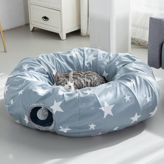 JanYoo Large Cat Tunnel Bed for Indoor Cats, Cat Cave Bed Donut Tunnel with Ball, Foldable Interactive Pet Cave Toys Tube for Indoor Cats Kitten Puppy Bunny, Grey