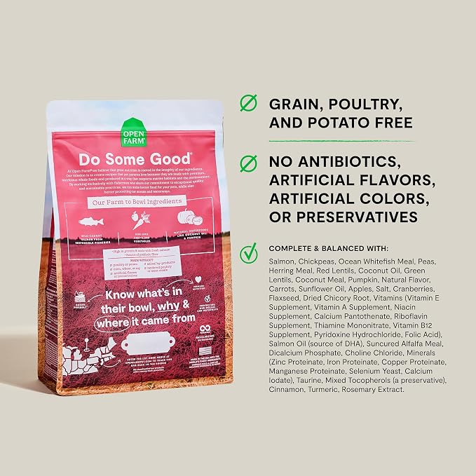 Open Farm, Grain-Free Dry Dog Food, Complete & Balanced Kibble, Sustainably & Ethically Sourced Ingredients, Non-GMO Veggies & Superfoods to Support Overall Health, Wild-Caught Salmon Recipe, 22lb Bag