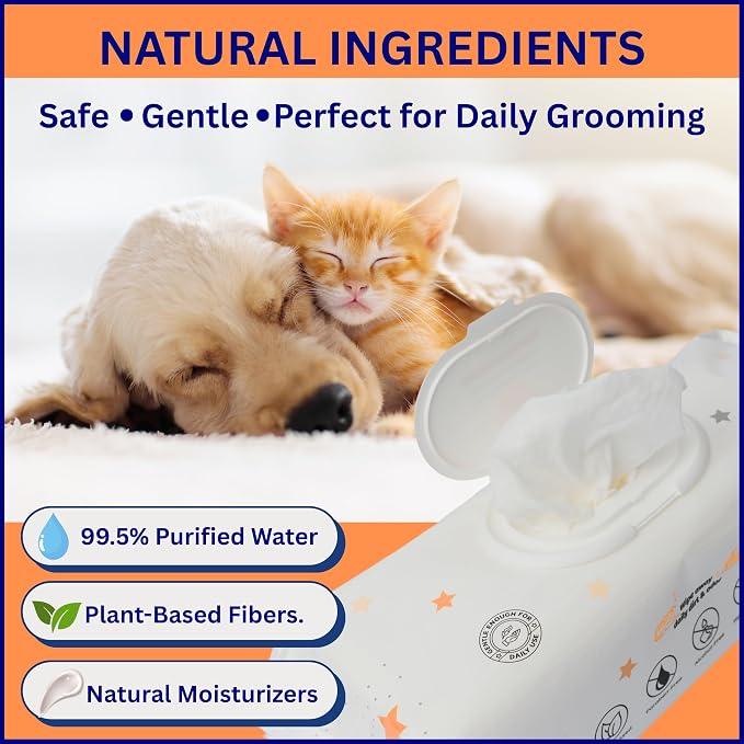Aurora Pet Wipes – 100% Natural, Plant-Based Hypoallergenic Grooming Wipes for Dogs & Cats – Extra-Durable, Large & Thick for Effortless Cleaning (Unscented, 100 Count)