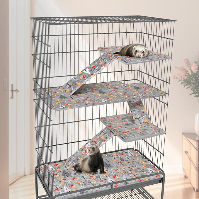 Bienbee Ferret Cage Liner Set, Waterproof Ferrets Cage Accessories for Small Animals Rats Chinchillas Hedgehogs Ferrets(Gray Mushroom, Double Unit Combo)