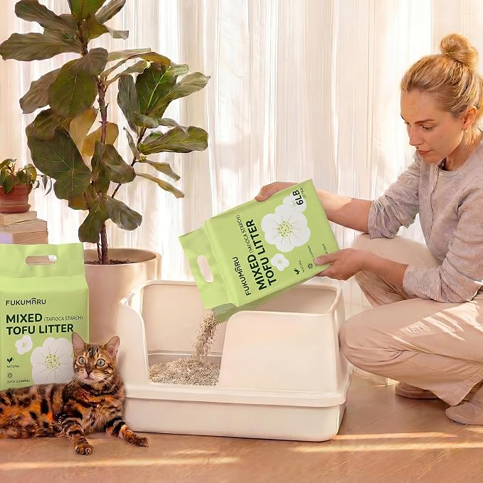 FUKUMARU Tofu Cat Litter, 18lb Clumping & Odor Management, Gardenia Scent, Bean Dregs & Cassava Starch, Low Dust, Water-Soluble, Low Tracking, High Absorbent, 6lb x 3 Bags