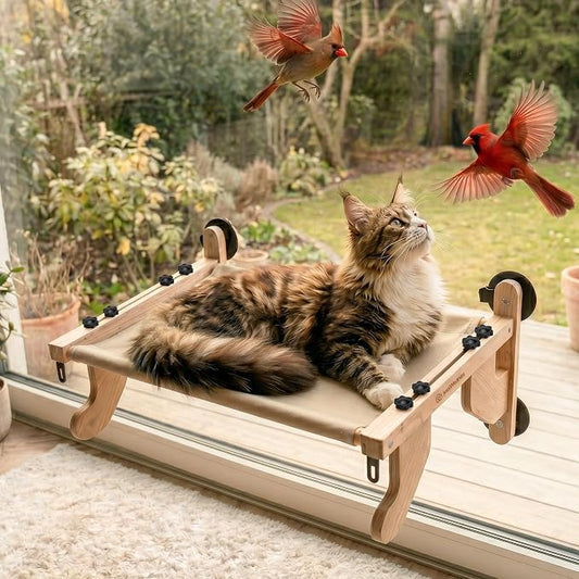 Wide Stable 40 lb Tested Cat Window Perch for Large Cats, 20.1 x 25.2 in Overall Frame, Solid Wood Cat Window Seat with Suction Cups & Steel Hooks, No-Drill for Windows & Sofas
