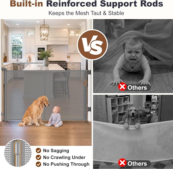 GRENFU Reinforced Retractable Baby Gates for Doorways, Retractable Gate with Support Rods to Prevent Crawling Through, Extends to 59" Wide 33" Tall, 5 FT Retractable Dog Gate for Indoor/Outdoor, Gray