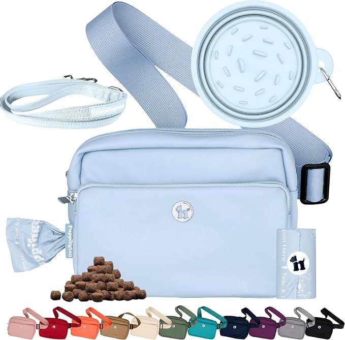 Puppington 3-in-1 Crossbody Dog Treat Pouch for Pet Training - Compostable Poop Bags, Built-In Poop Bag Dispenser, Slow-Feeding Travel Dog Bowl & Reflective Leash - Dog Walking Bag (Ice Blue)