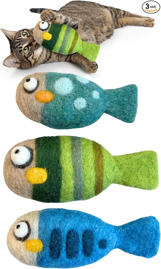 Woolbuddy Felted Wool Cat Toys – 3 Fish Kick Toys for Indoor Cats, Catnip-Free & Durable