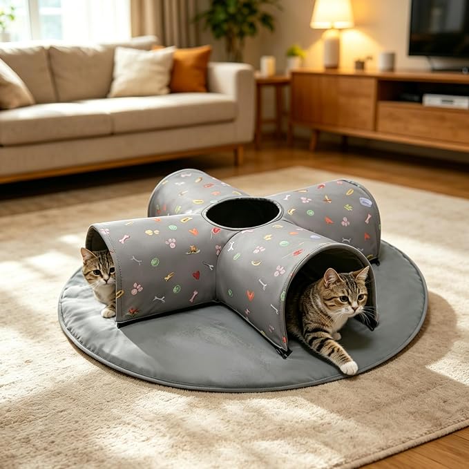 4-Way Indoor Cat Tunnel Bed with Top Peek Hole, 2-in-1 Collapsible Hideout with Removable Washable Mat, Interactive Play Tunnel for Cats, Kittens, Rabbits, Ferrets & Small Pets