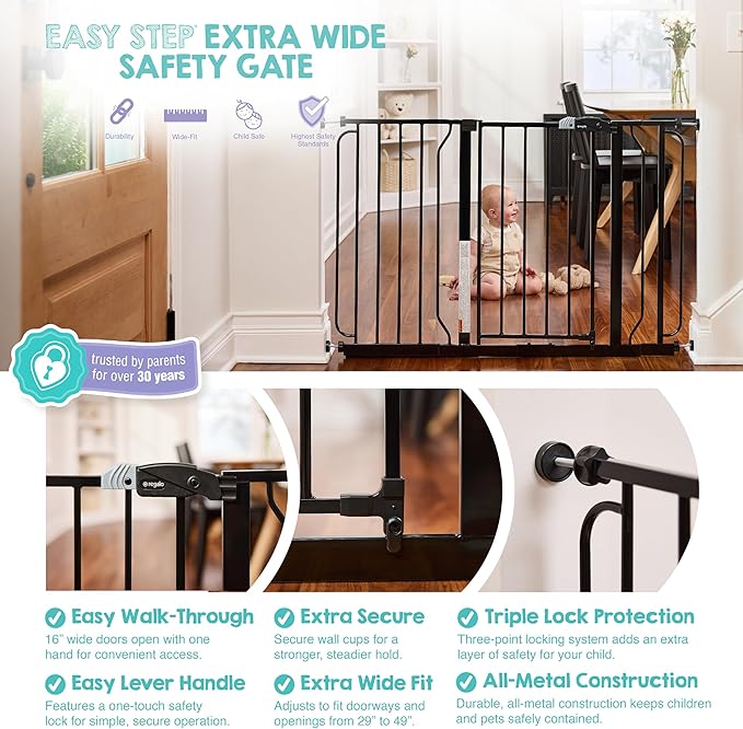 Regalo Safety 29-49" Easy Step Extra Wide Baby Gate for Doorways & Bottom of Stairs, Pressure Mounted Safety Gate with Door for Babies, Toddlers & Pets, Black